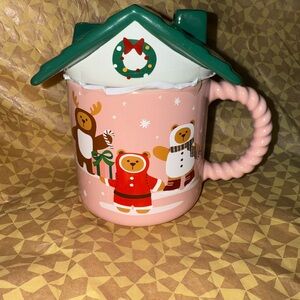 Starbucks Pink Holiday 2025 Ceramic Mug with Green Roof/Lid